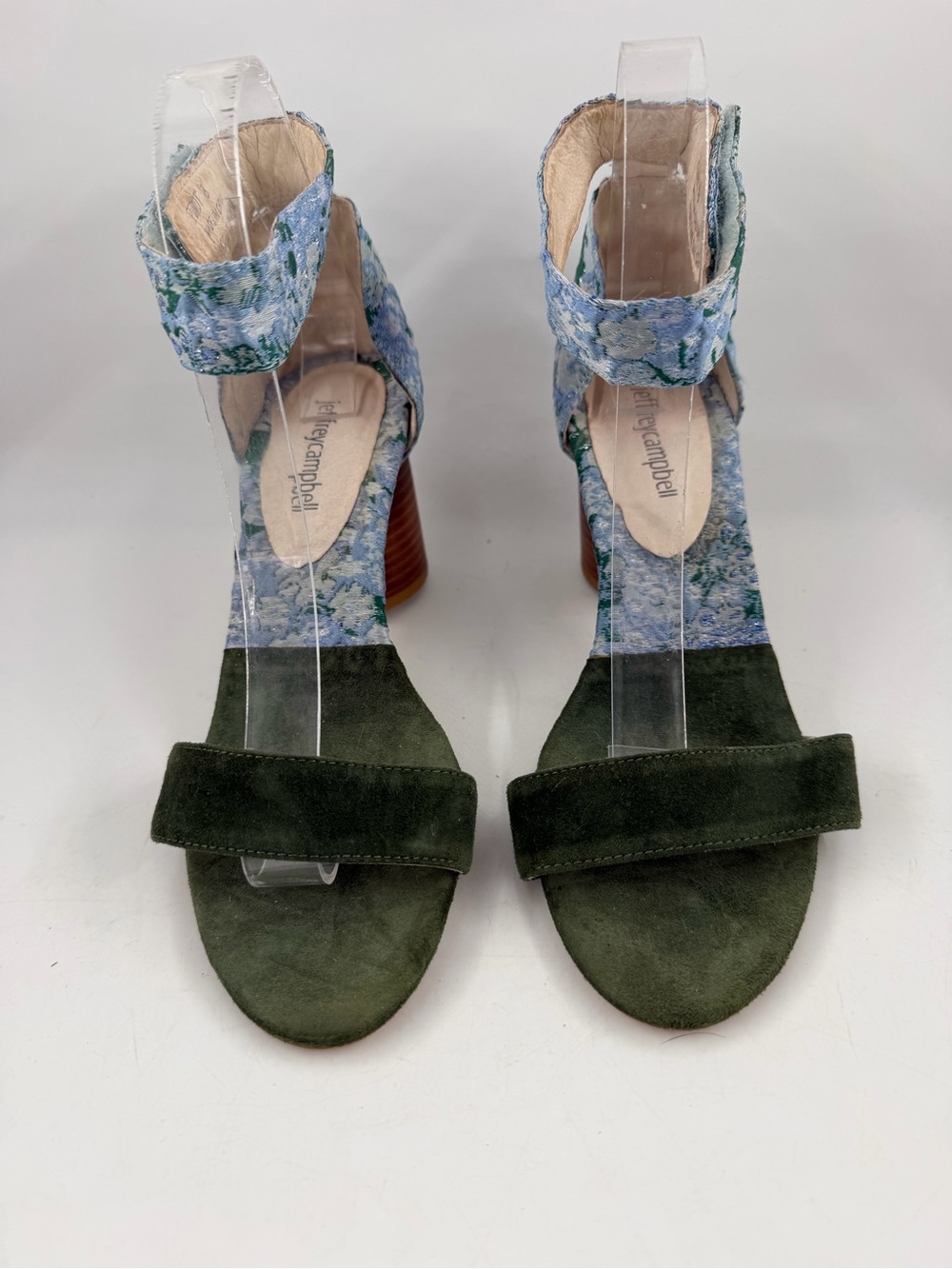 Jeffrey Campbell Purdy Blue Fabric Floral -SZ 8- Green Suede Block Heels Sandals - Picture 3 of 14
